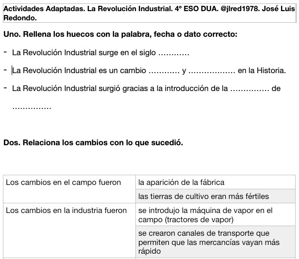 Ejemplo de actividades adaptadas sobre la Revolución Industrial. 4º ESO.