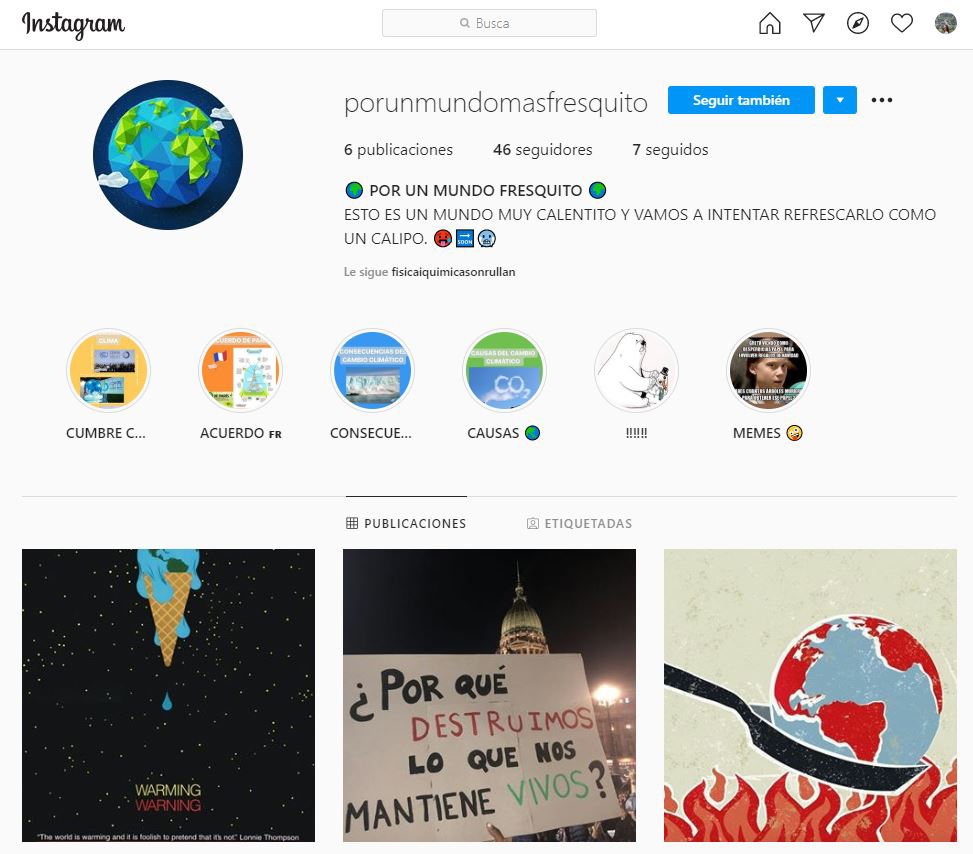 Muestra de perfil de Instagram creado por el alumnado para concienciar sobre el cambio climático. 