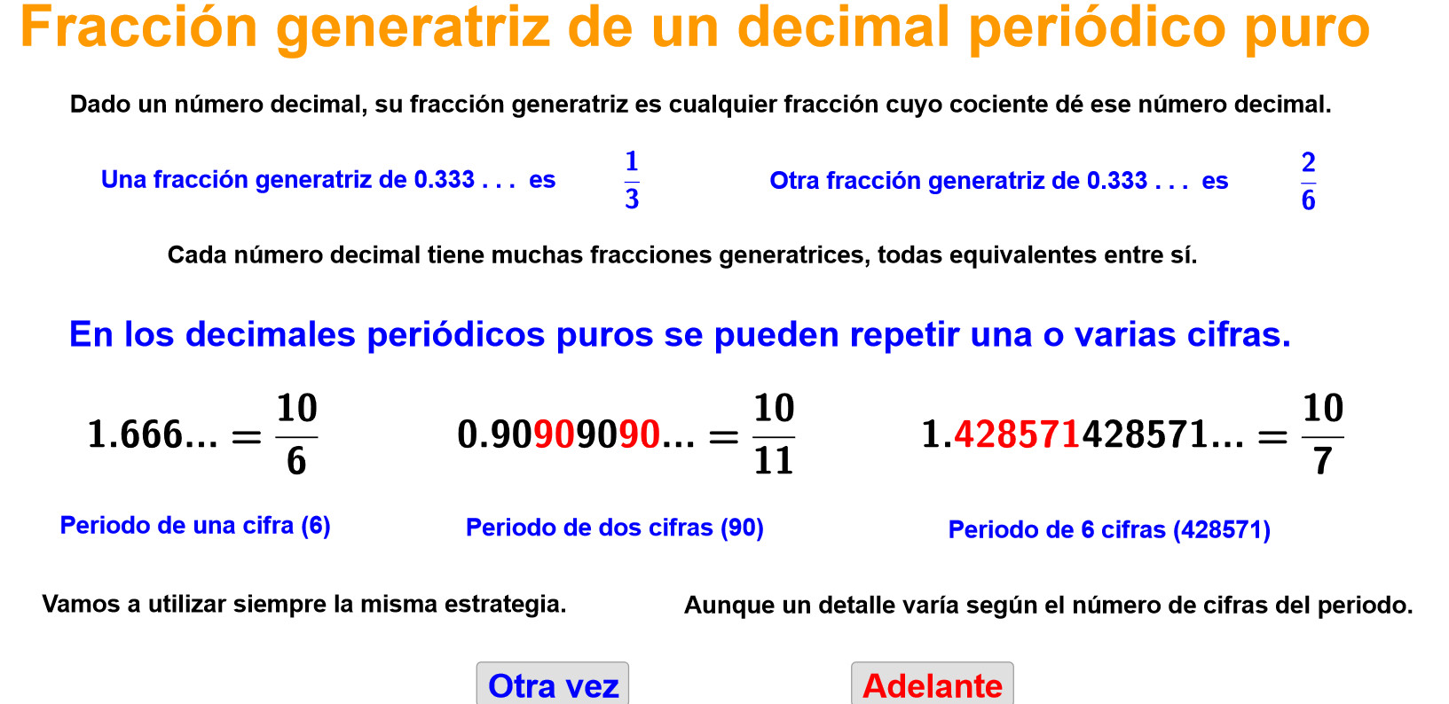 Imagen de Fracciones generatrices de decimales periódicos puros