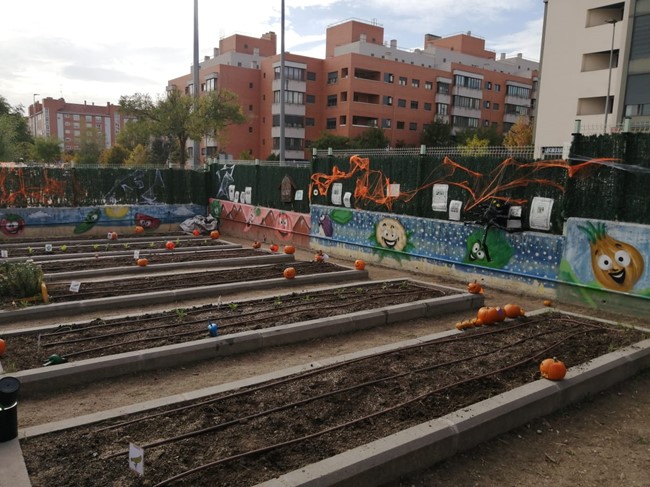 Halloween en el huerto decorado con la colaboración de las familias.