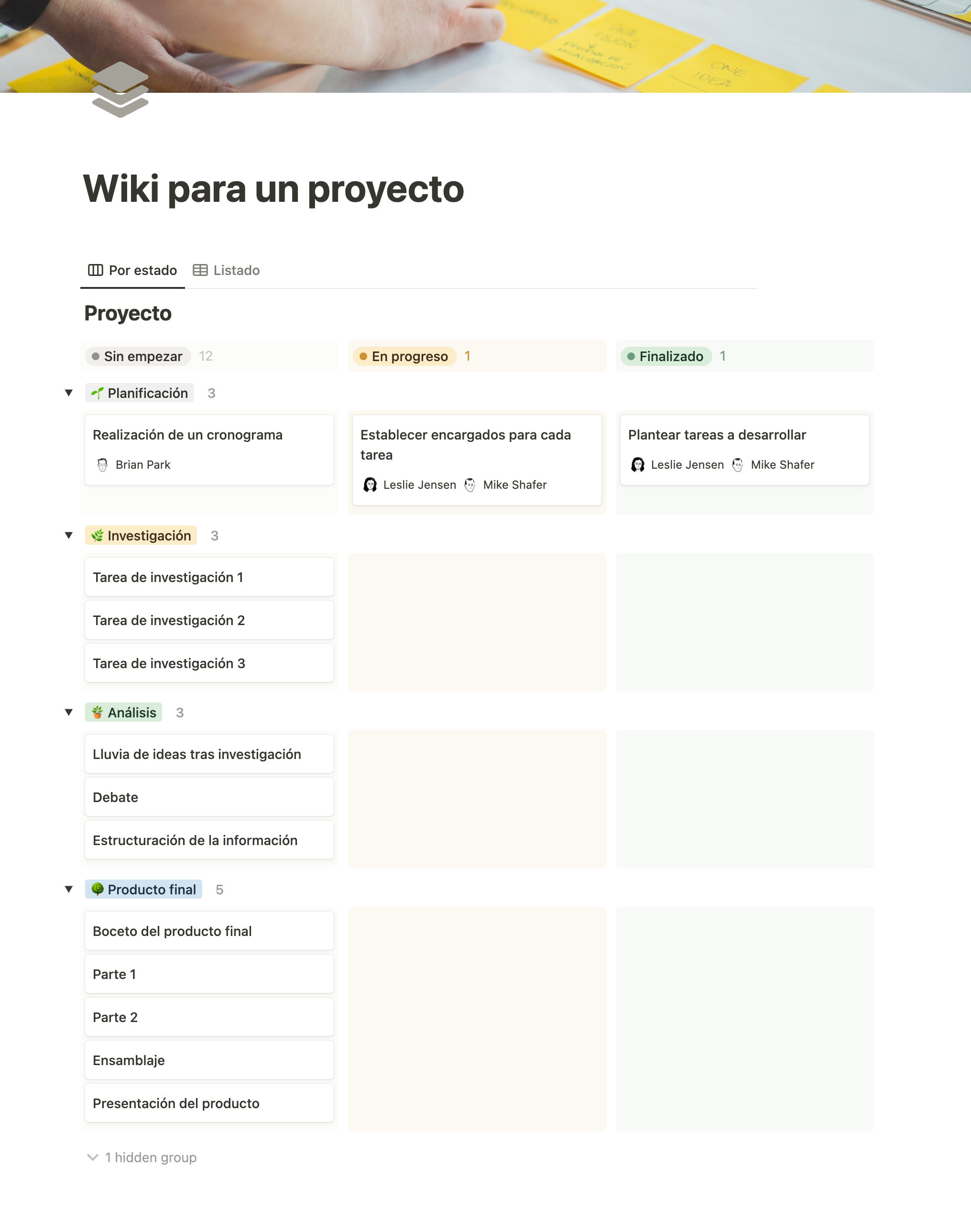 Ejemplo de una wiki para gestionar las tareas de un proyecto