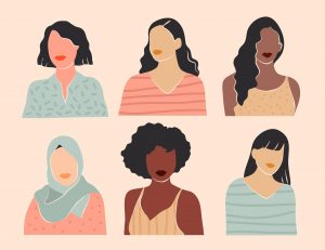 Dibujo de seis mujeres de diferente nacionalidad