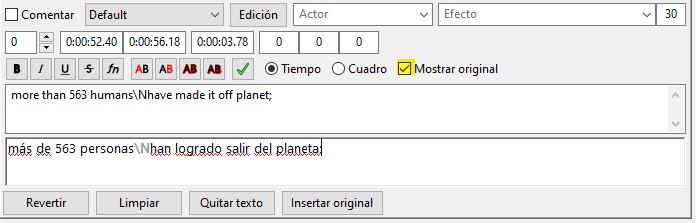 Editor de subtítulos con la opción de «Mostrar original» activada para facilitar la traducción