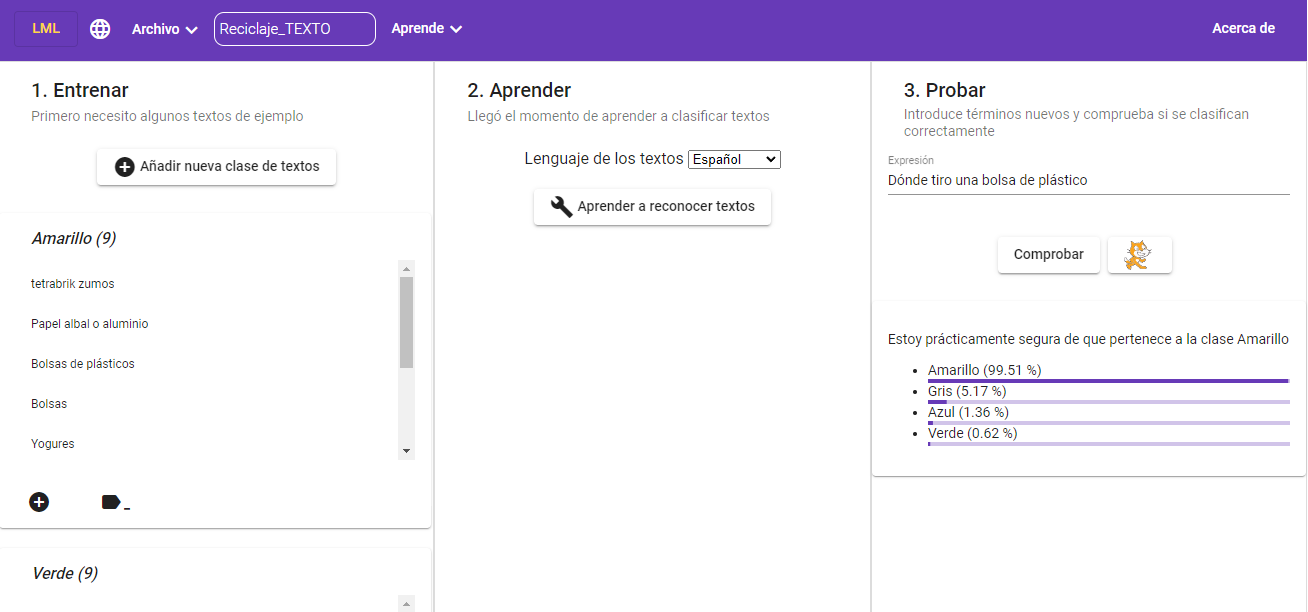Interfaz del programa LearningML.