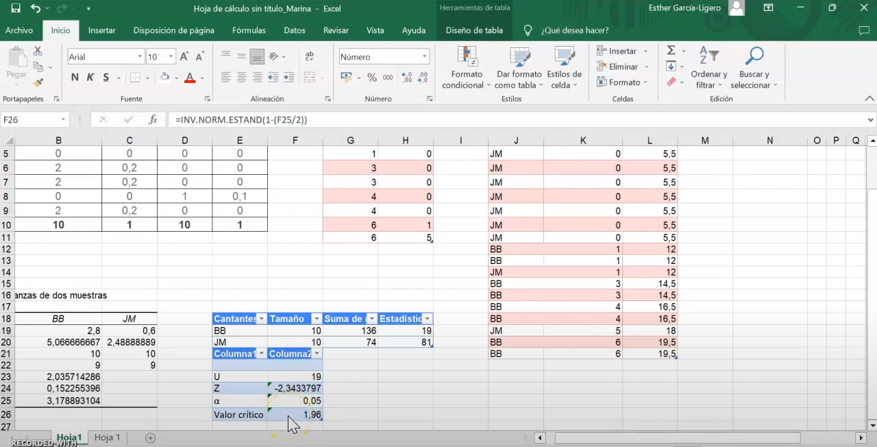 Captura vídeo del uso Excel en Contrastes