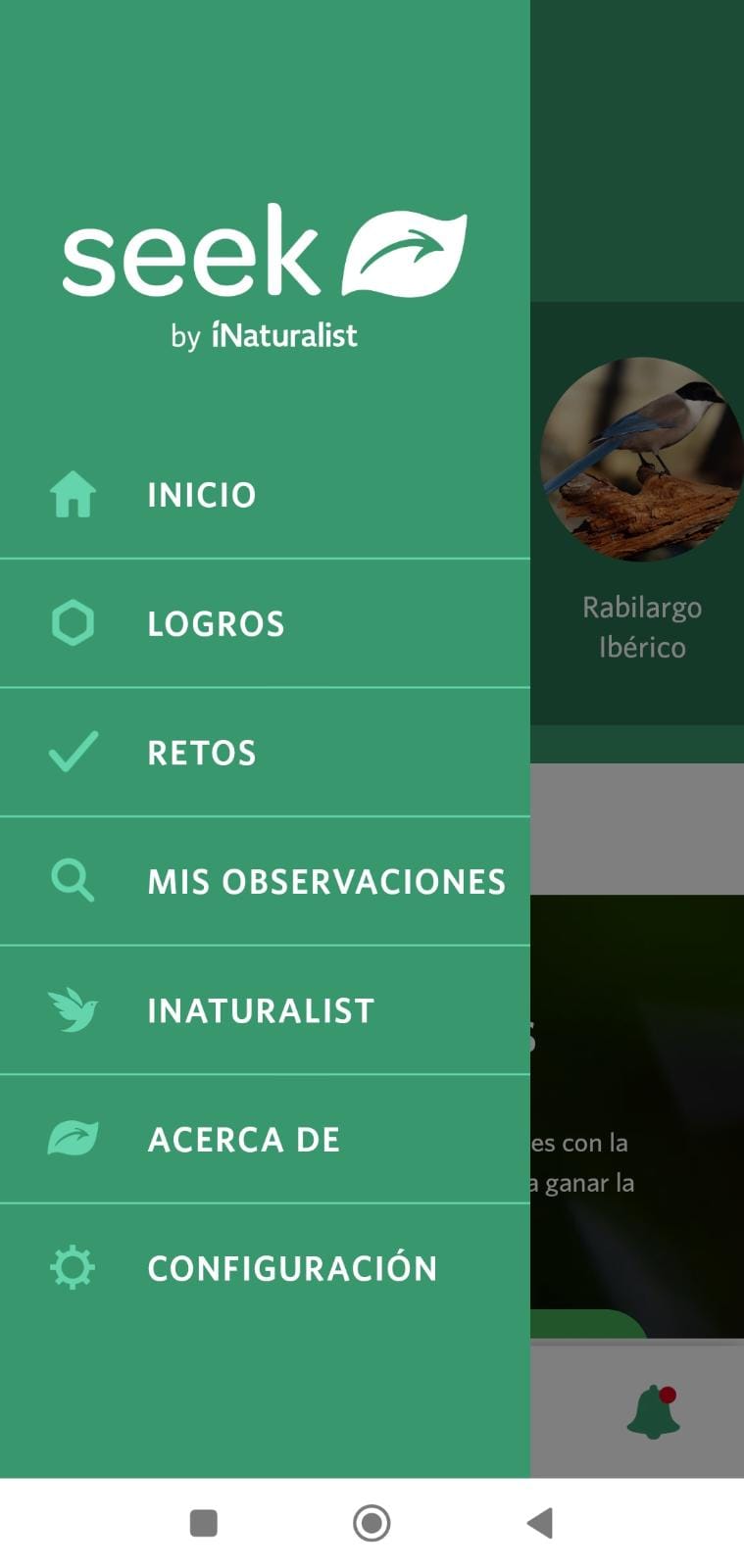 Pantalla de inicio de Seek