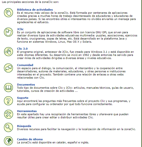 Pantalla de Inicio de la herramienta JClic