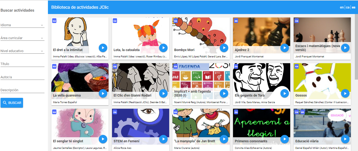 Pantalla de la biblioteca de actividades