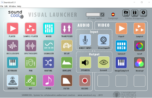 Fig. 2 Aplicación Soundcool para PC o Mac: módulos de audio a la izq. y de video a la dcha