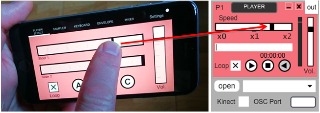 Fig. 3 Ejemplo de interfaz táctil del móvil/tableta (izq.) para control del módulo player o reproductor de audio de Soundcool en el ordenador