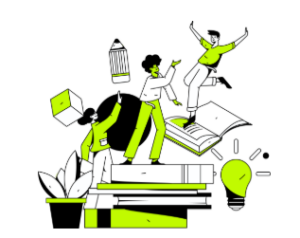 Ilustración de alumnado con objetos escolares