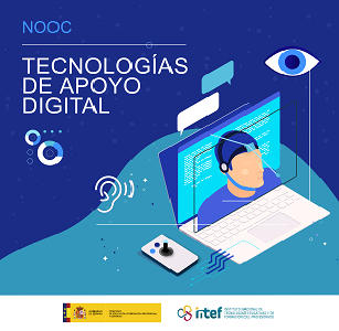 Imagen de un portátil con la ilustración de una persona usando auriculares con micrófono, rodeada de elementos tecnológicos como ondas de sonido, iconos de accesibilidad y un ojo, simbolizando la tecnología asistiva.