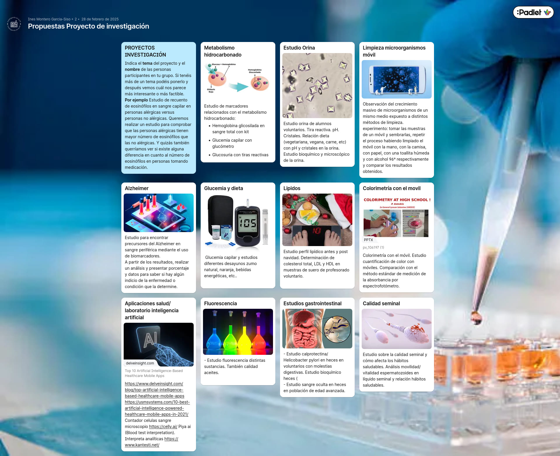 Muro virtual Padlet con las propuestas de investigación
