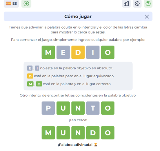 Instrucciones de la página web para entender el funcionamiento del juego
