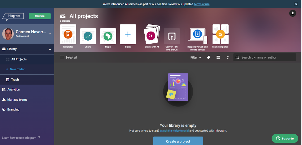 Figura 4.- Interfaz principal de Infogram 