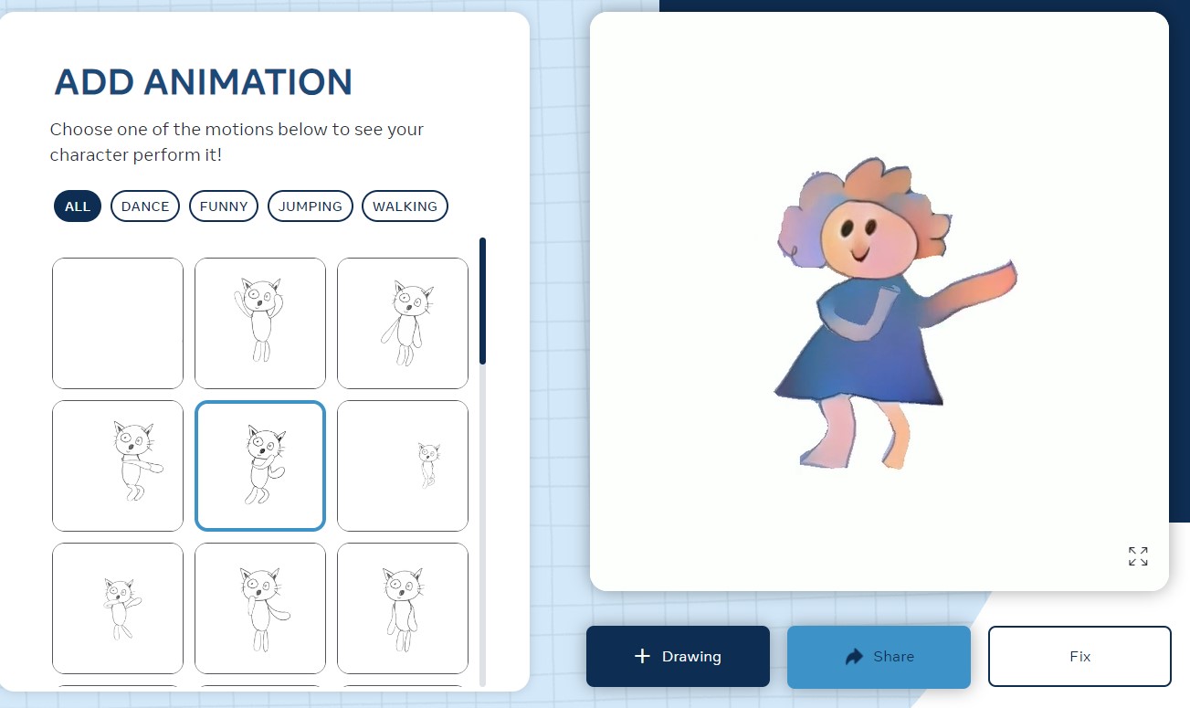 Ilustración 7. Animated Drawings. Elegir animación. Ilustración 7. Animated Drawings. Elegir animación.