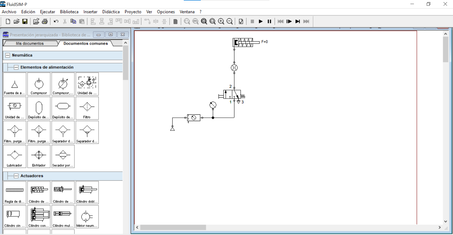Ilustración 2. Interfaz de FluidSIM en modo diseño del circuito. Ilustración 2. Interfaz de FluidSIM en modo diseño del circuito.
