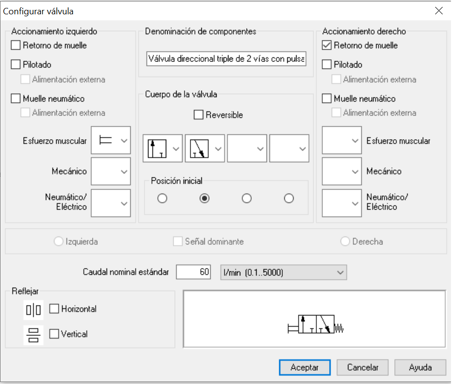 Ilustración 3. Propiedades modificables de un componente tipo válvula distribuidora. Ilustración 3. Propiedades modificables de un componente tipo válvula distribuidora.