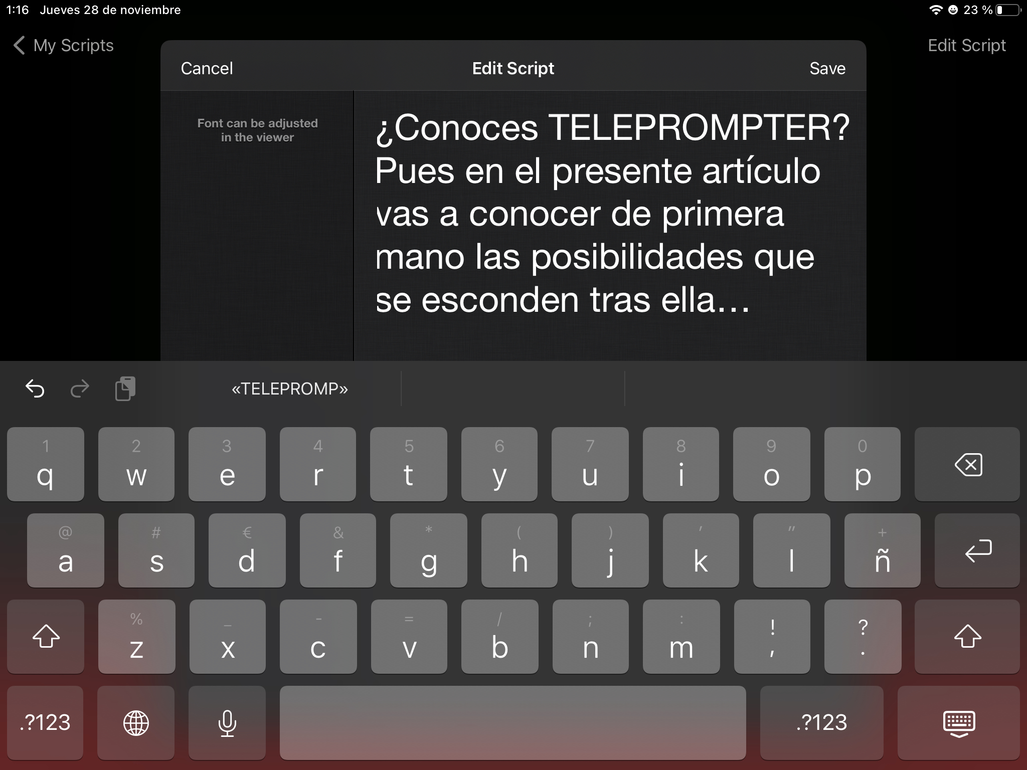 Figura 3. Pantalla donde poder escribir o editar directamente con el teclado