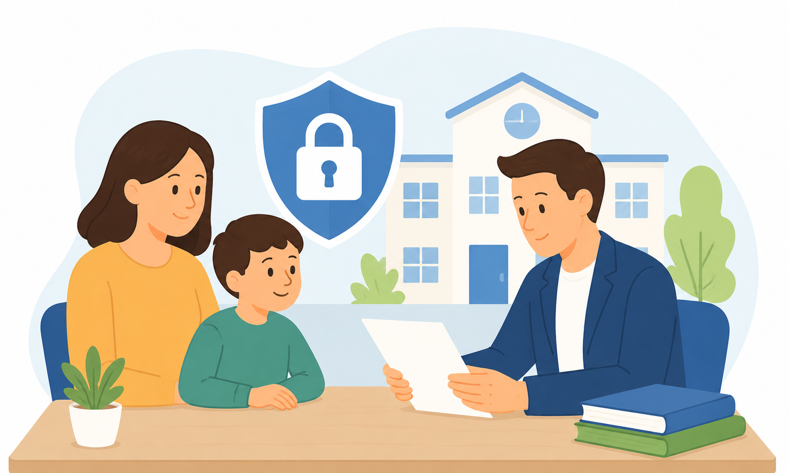Representación de una familia y personal educativo gestionando documentación relacionada con la protección de datos de menores en un centro educativo. Título: