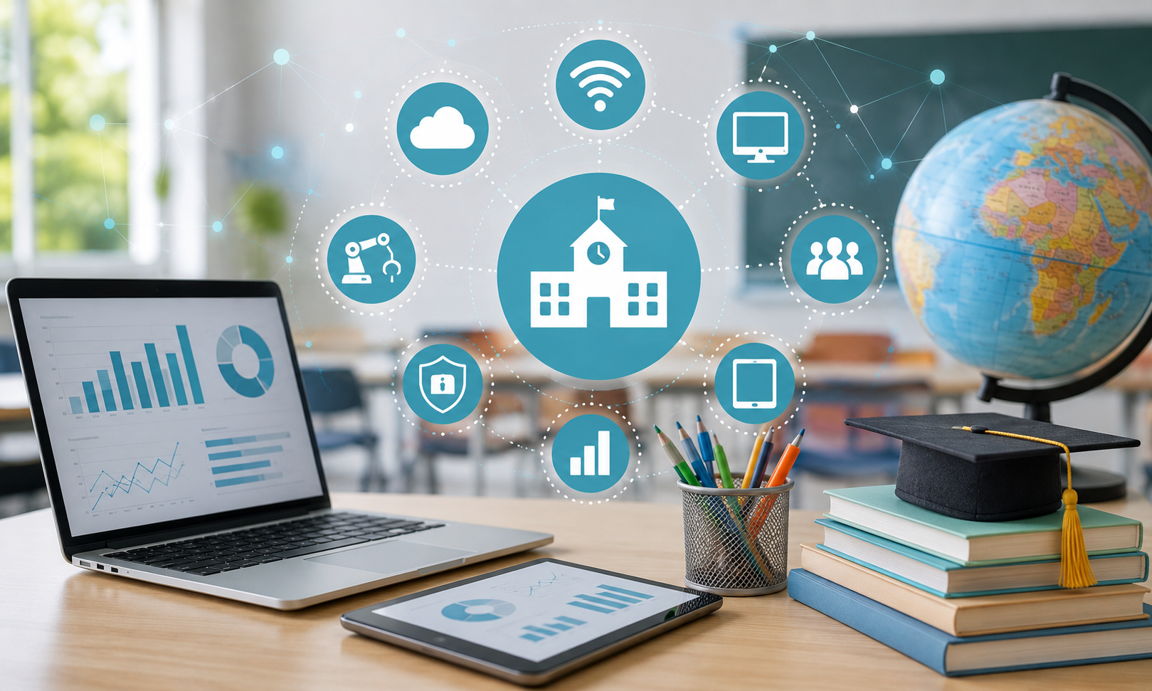 Escena representativa de un aula digital con dispositivos tecnológicos y elementos que simbolizan la conectividad, la infraestructura TIC y la innovación educativa en los centros educativos.