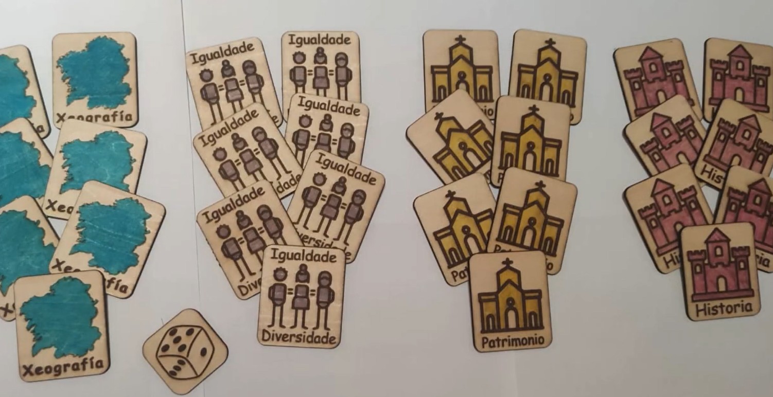 Tarjetas serigrafiadas con las 4 temáticas que se trabajarán en el juego Tarjetas serigrafiadas con las 4 temáticas que se trabajarán en el juego