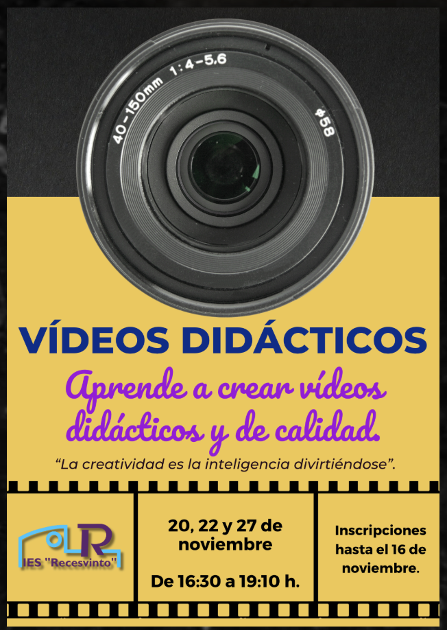 Cartel del curso de vídeo ofertado en nuestro centro para la formación del profesorado realizado con anterioridad al curso 2024/25. Cartel del curso de vídeo ofertado en nuestro centro para la formación del profesorado realizado con anterioridad al curso 2024/25.