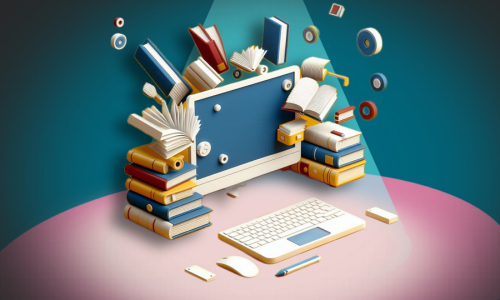Ilustración de un ordenador rodeado de libros y material educativo, como representación de la formación en línea